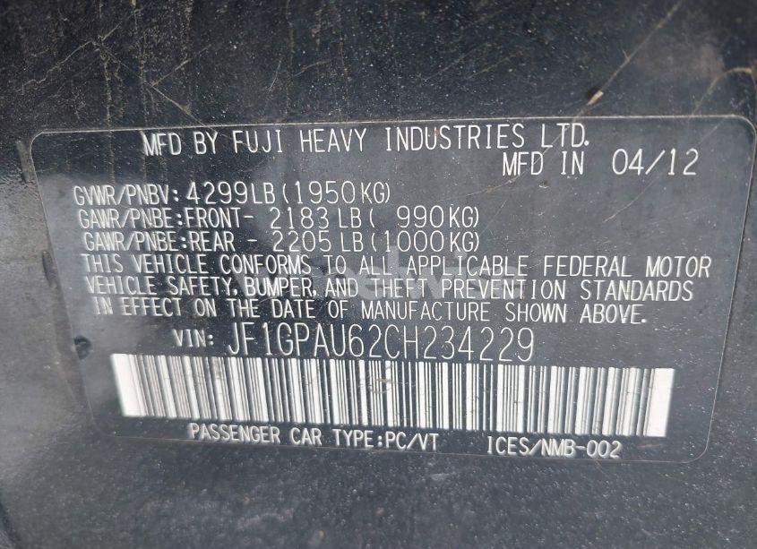 Photo 9 of 2012 Subaru Impreza 2.0I SPORT LIMITED (VIN JF1GPAU62CH234229)