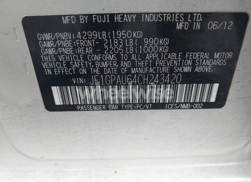 Photo 9 of 2012 Subaru Impreza 2.0I SPORT LIMITED (VIN JF1GPAU64CH243420)