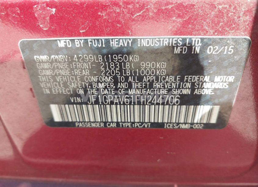 Photo 9 of 2015 Subaru Impreza 2.0I SPORT LIMITED (VIN JF1GPAV61FH244706)