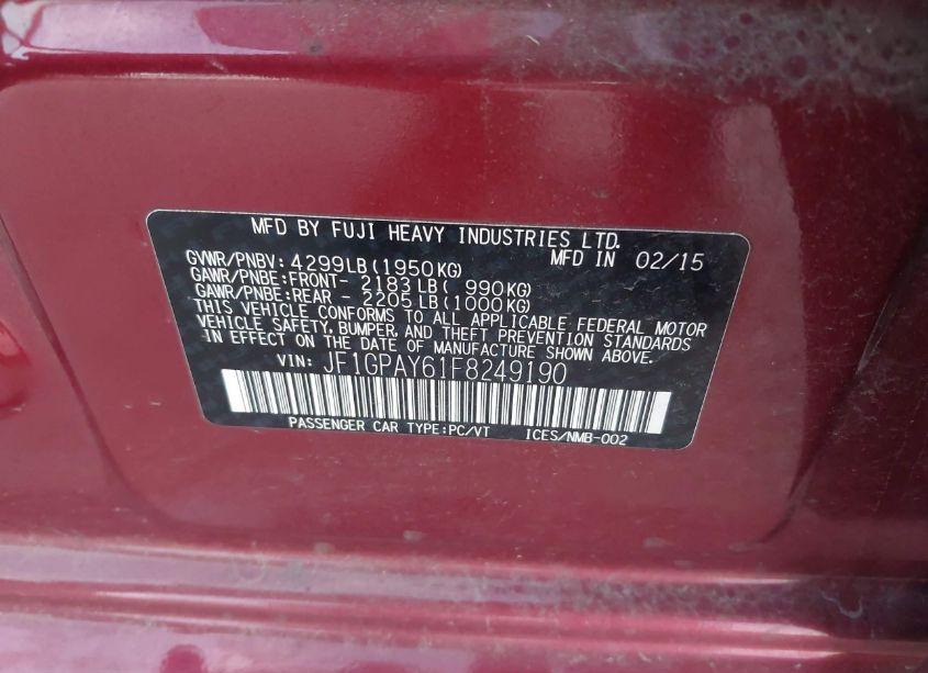 Photo 9 of 2015 Subaru Impreza 2.0I SPORT PREMIUM (VIN JF1GPAY61F8249190)