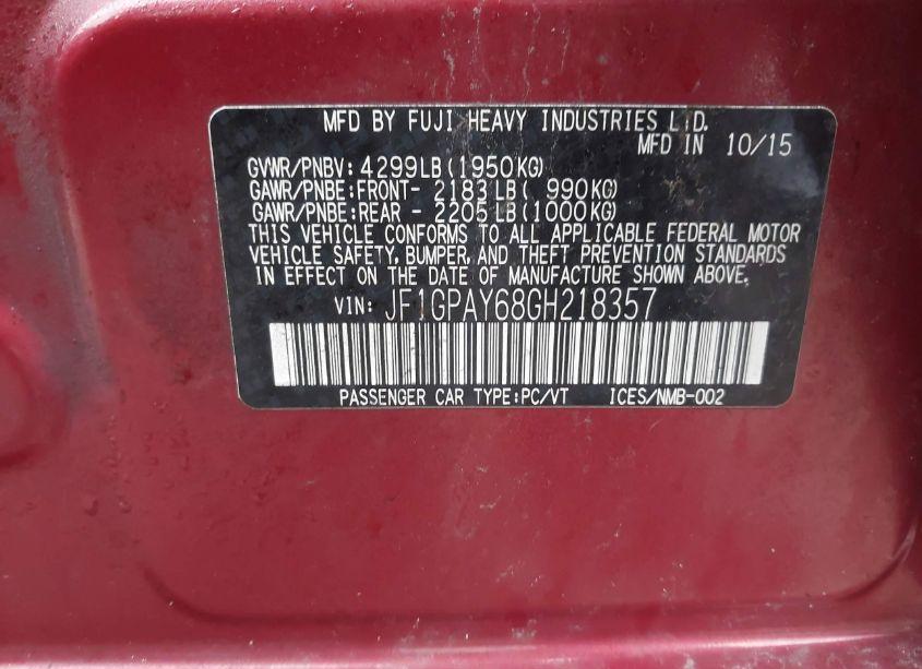 Photo 9 of 2016 Subaru Impreza 2.0I SPORT LIMITED (VIN JF1GPAY68GH218357)