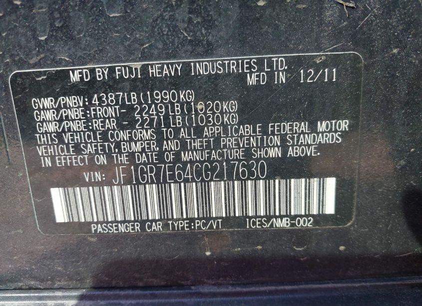 Photo 9 of 2012 Subaru Impreza WRX PREMIUM (VIN JF1GR7E64CG217630)