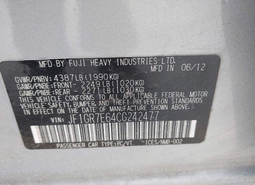 Photo 9 of 2012 Subaru Impreza WRX (VIN JF1GR7E64CG242477)