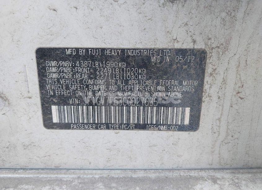 Photo 9 of 2012 Subaru Impreza WRX PREMIUM (VIN JF1GV7F63CG027635)