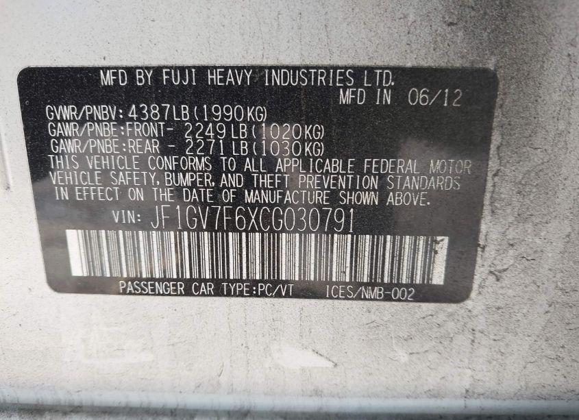 Photo 9 of 2012 Subaru Impreza WRX PREMIUM (VIN JF1GV7F6XCG030791)