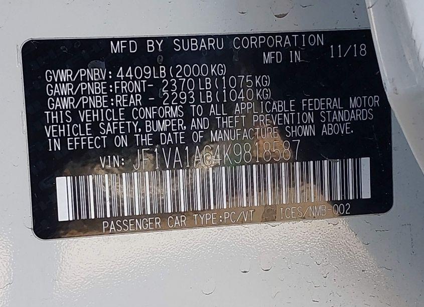 Photo 9 of 2019 Subaru Wrx (VIN JF1VA1A64K9818587)