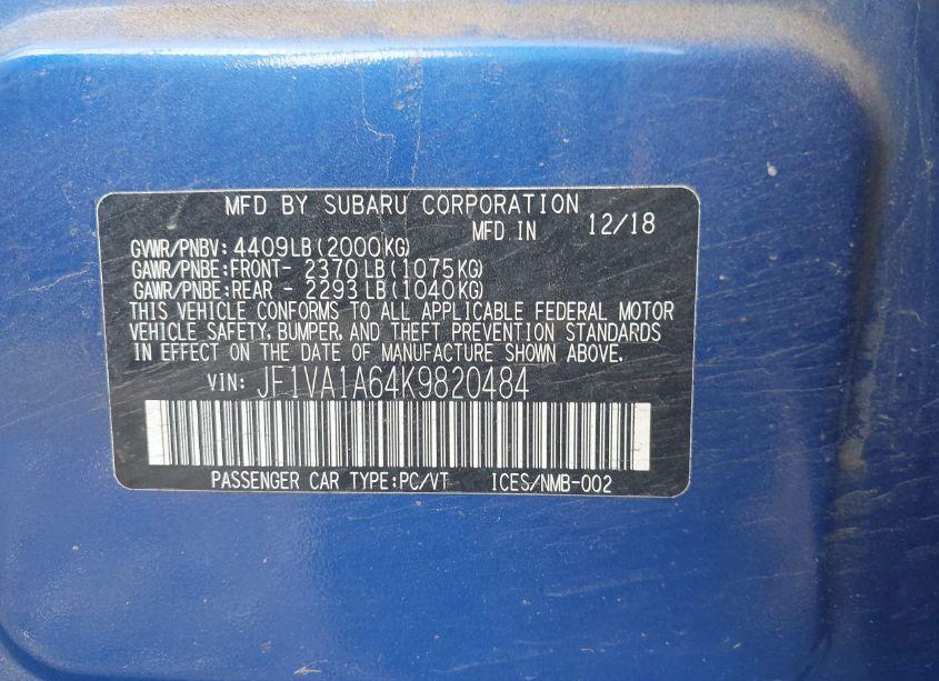 Photo 9 of 2019 Subaru Wrx (VIN JF1VA1A64K9820484)