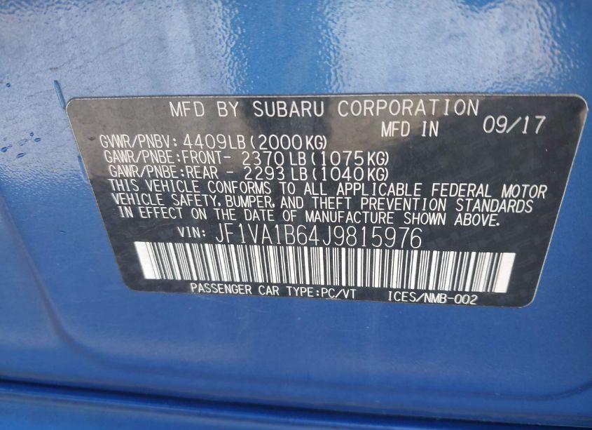 Photo 9 of 2018 Subaru Wrx PREMIUM (VIN JF1VA1B64J9815976)