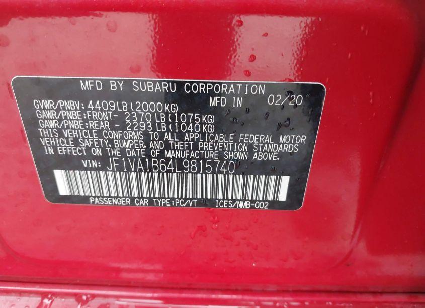 Photo 9 of 2020 Subaru Wrx PREMIUM (VIN JF1VA1B64L9815740)