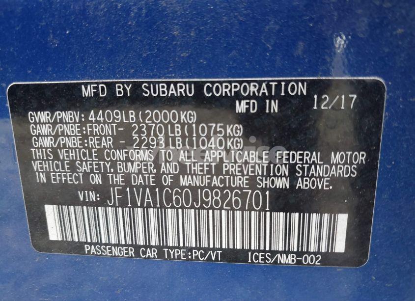 Photo 9 of 2018 Subaru Wrx PREMIUM (VIN JF1VA1C60J9826701)