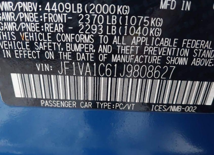 Photo 9 of 2018 Subaru Wrx PREMIUM (VIN JF1VA1C61J9808627)