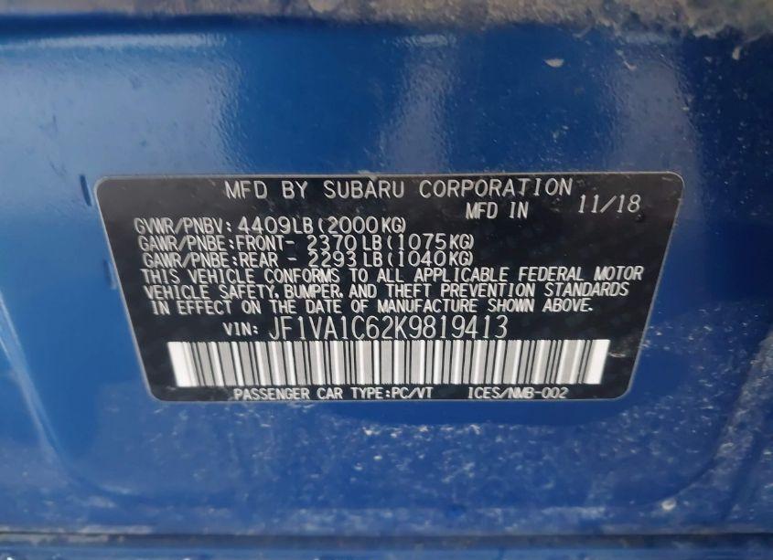Photo 9 of 2019 Subaru Wrx PREMIUM (VIN JF1VA1C62K9819413)