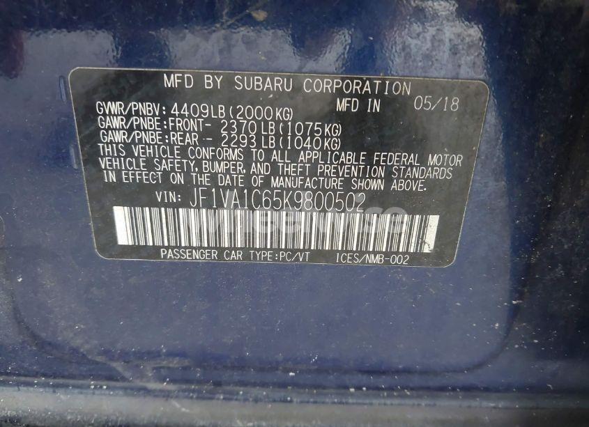 Photo 9 of 2019 Subaru Wrx PREMIUM (VIN JF1VA1C65K9800502)