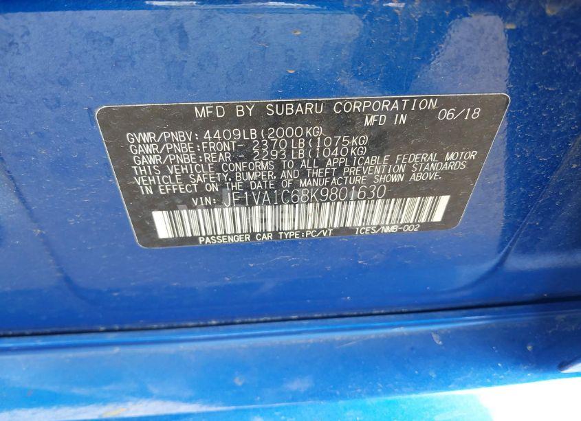 Photo 9 of 2019 Subaru Wrx PREMIUM (VIN JF1VA1C68K9801630)