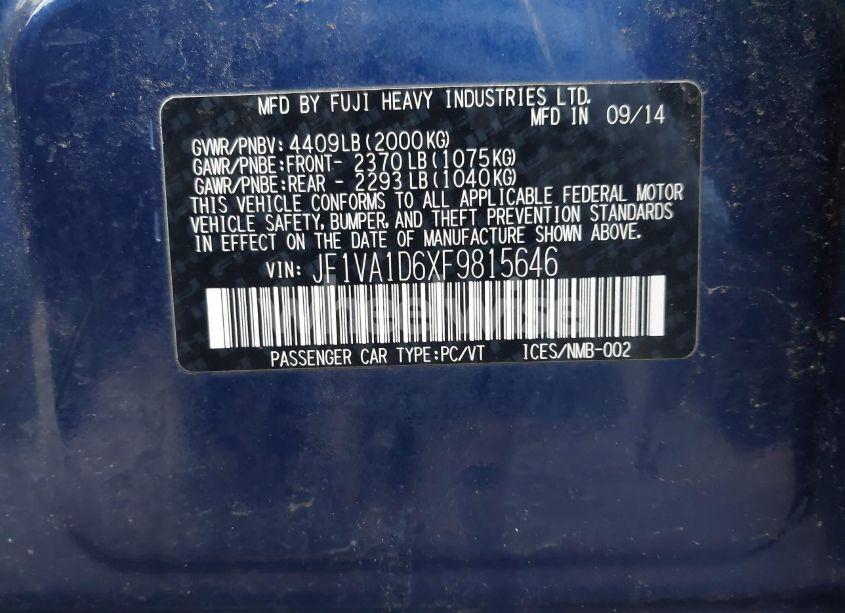 Photo 9 of 2015 Subaru Wrx PREMIUM (VIN JF1VA1D6XF9815646)