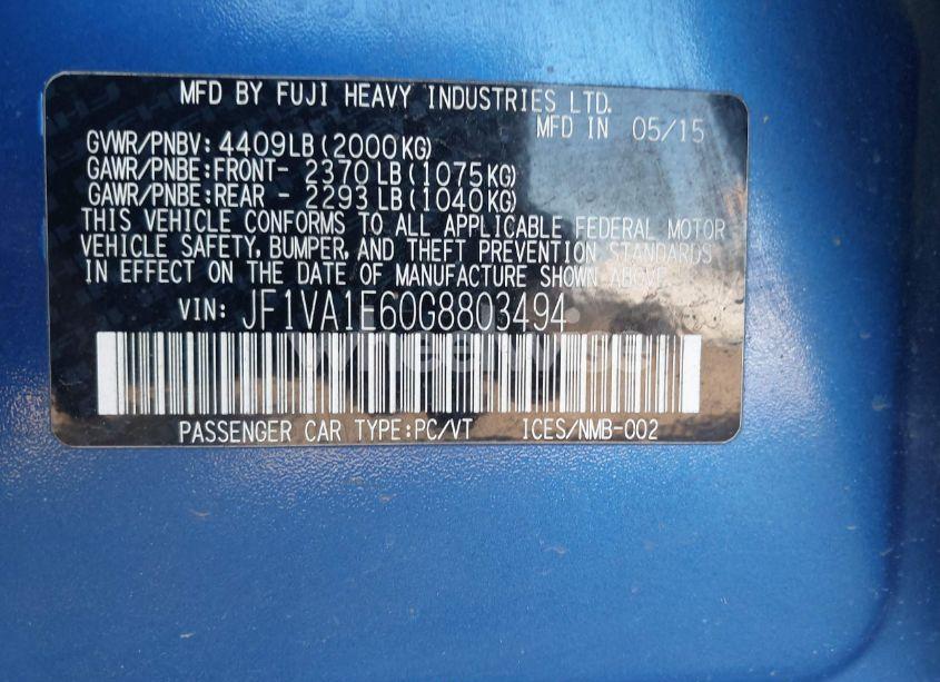 Photo 9 of 2016 Subaru Wrx PREMIUM (VIN JF1VA1E60G8803494)