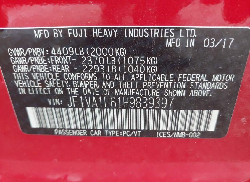 Photo 9 of 2017 Subaru Wrx PREMIUM (VIN JF1VA1E61H9839397)