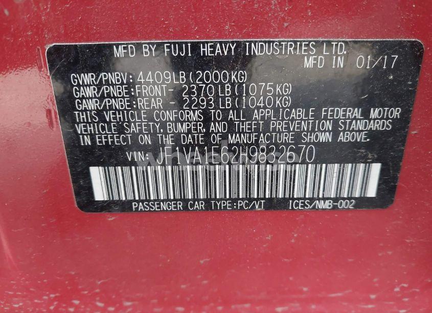 Photo 9 of 2017 Subaru Wrx PREMIUM (VIN JF1VA1E62H9832670)