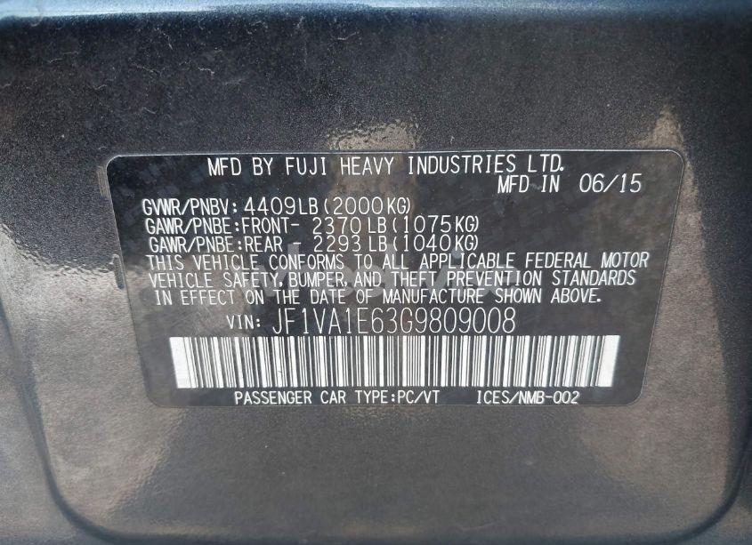 Photo 9 of 2016 Subaru Wrx PREMIUM (VIN JF1VA1E63G9809008)