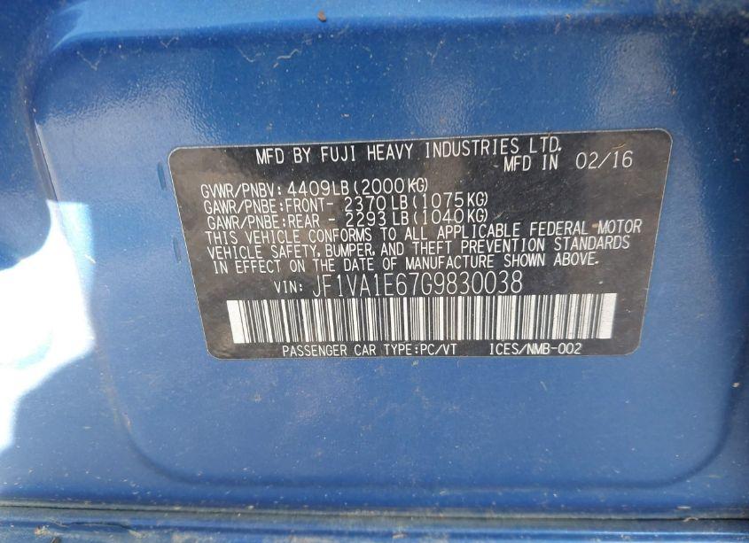 Photo 9 of 2016 Subaru Wrx PREMIUM (VIN JF1VA1E67G9830038)