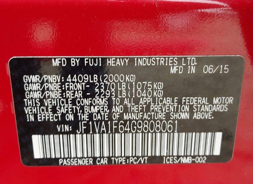 Photo 9 of 2016 Subaru Wrx PREMIUM (VIN JF1VA1F64G9808061)