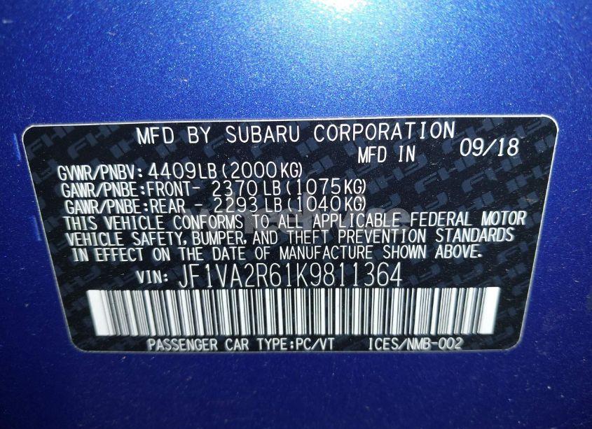 Photo 9 of 2019 Subaru Wrx STI (VIN JF1VA2R61K9811364)
