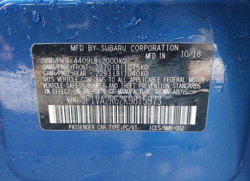 Photo 9 of 2019 Subaru Wrx STI (VIN JF1VA2R62K9815973)