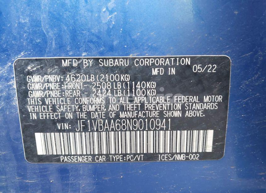 Photo 9 of 2022 Subaru Wrx (VIN JF1VBAA68N9010941)