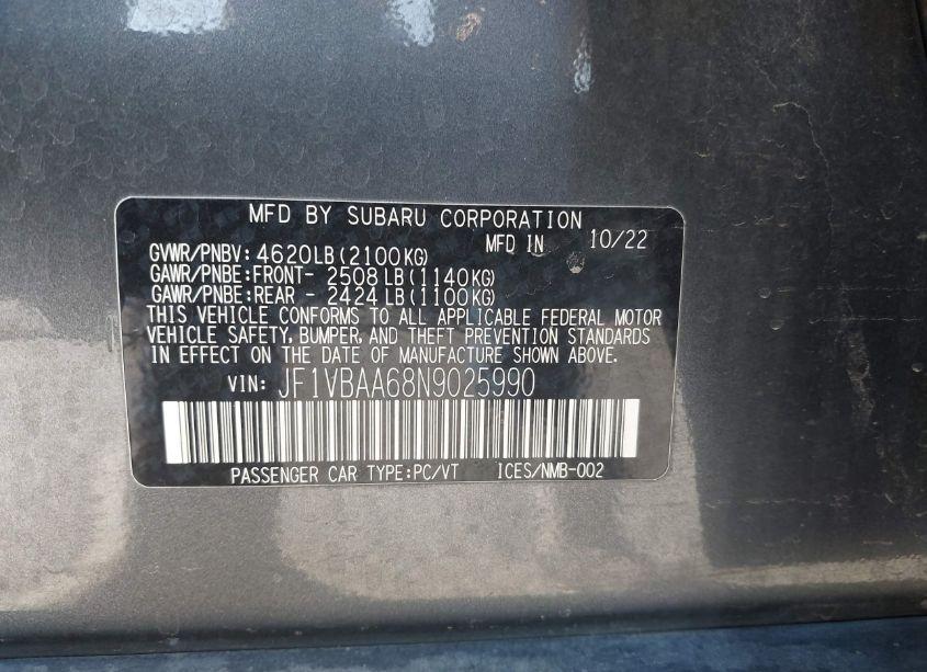 Photo 9 of 2022 Subaru Wrx (VIN JF1VBAA68N9025990)