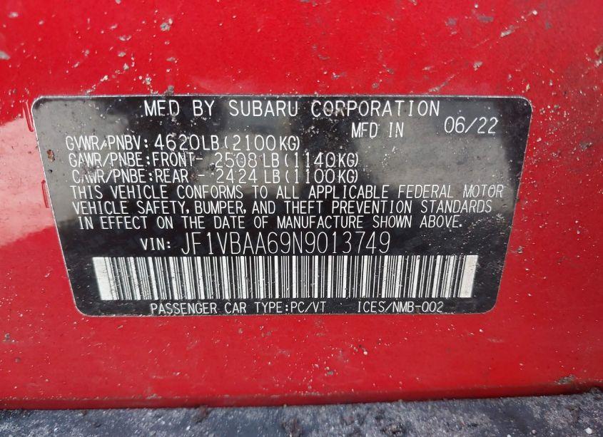 Photo 9 of 2022 Subaru Wrx (VIN JF1VBAA69N9013749)