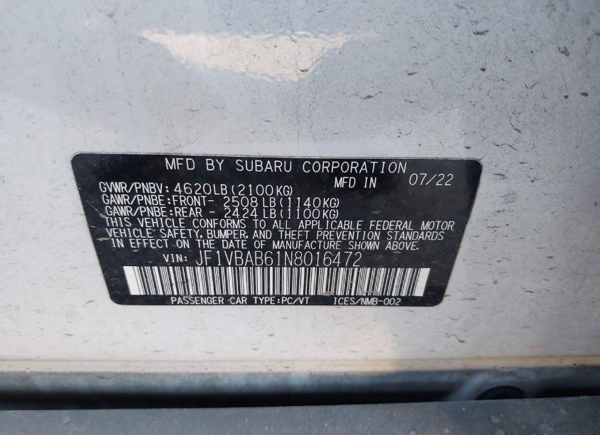 Photo 9 of 2022 Subaru Wrx (VIN JF1VBAB61N8016472)