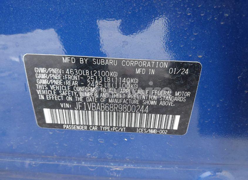 Photo 9 of 2024 Subaru Wrx (VIN JF1VBAB68R9800244)