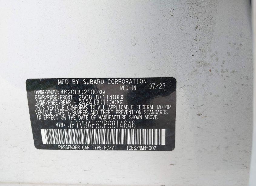 Photo 9 of 2023 Subaru Wrx PREMIUM (VIN JF1VBAF60P9814646)