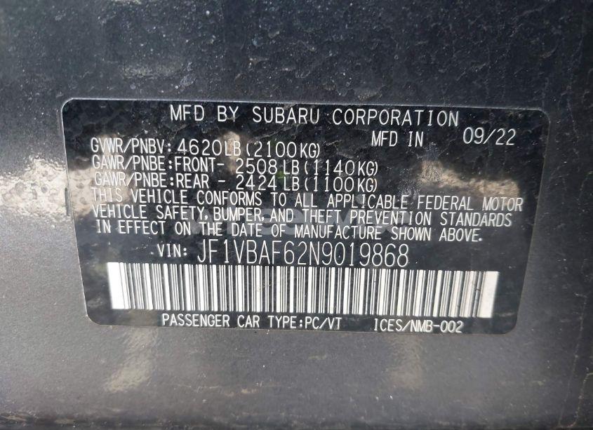 Photo 9 of 2022 Subaru Wrx PREMIUM (VIN JF1VBAF62N9019868)