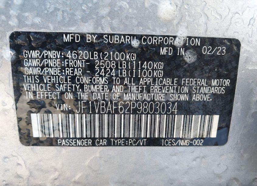 Photo 9 of 2023 Subaru Wrx PREMIUM (VIN JF1VBAF62P9803034)