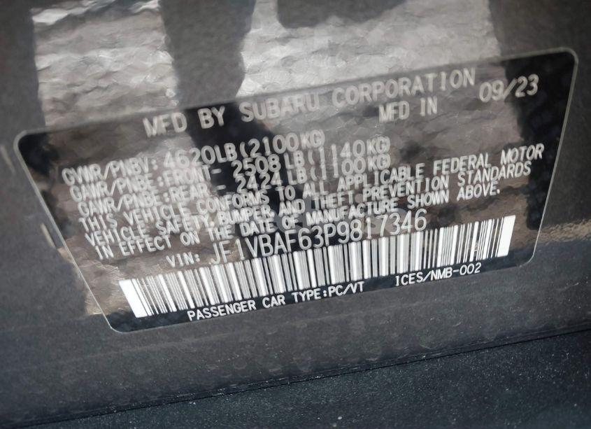 Photo 9 of 2023 Subaru Wrx PREMIUM (VIN JF1VBAF63P9817346)