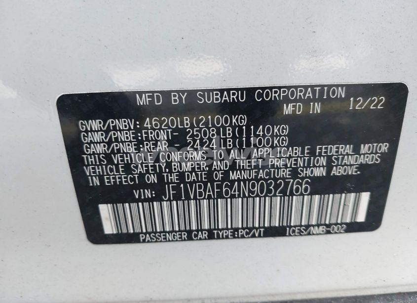 Photo 9 of 2022 Subaru Wrx PREMIUM (VIN JF1VBAF64N9032766)