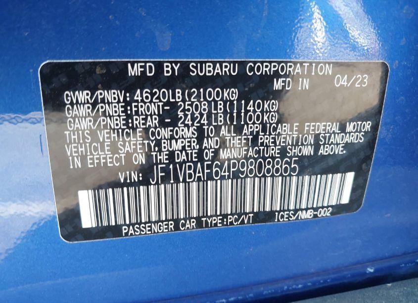 Photo 9 of 2023 Subaru Wrx PREMIUM (VIN JF1VBAF64P9808865)