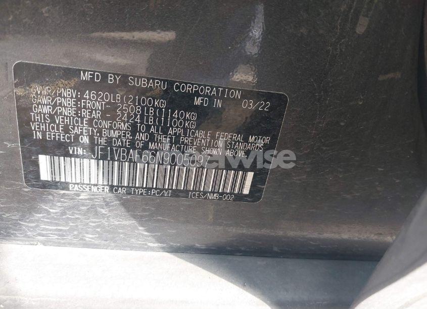 Photo 9 of 2022 Subaru Wrx PREMIUM (VIN JF1VBAF66N9005097)