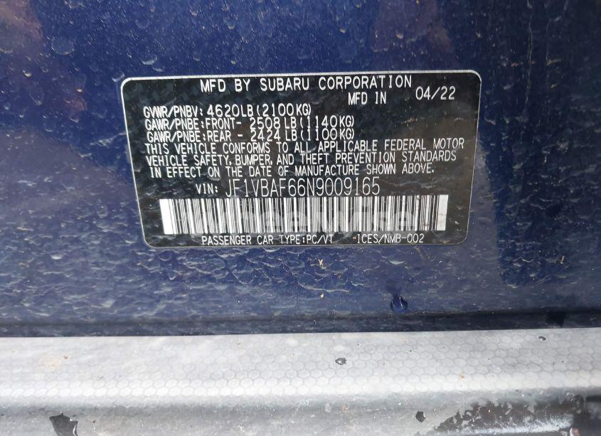 Photo 9 of 2022 Subaru Wrx PREMIUM (VIN JF1VBAF66N9009165)