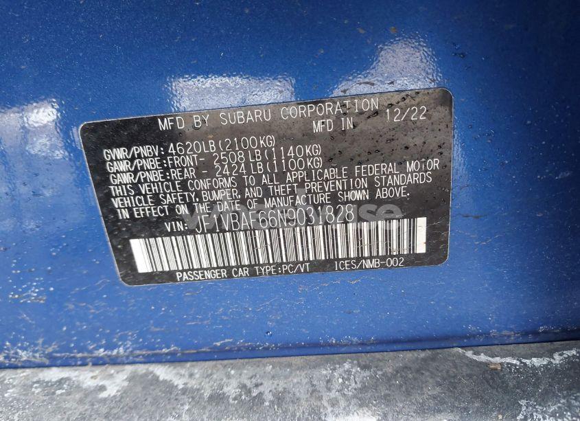 Photo 9 of 2022 Subaru Wrx PREMIUM (VIN JF1VBAF66N9031828)