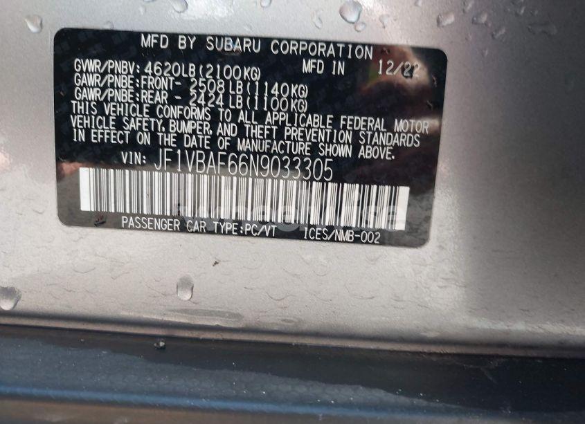 Photo 9 of 2022 Subaru Wrx PREMIUM (VIN JF1VBAF66N9033305)