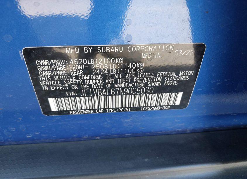 Photo 9 of 2022 Subaru Wrx PREMIUM (VIN JF1VBAF67N9005030)