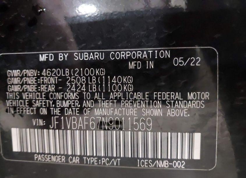 Photo 9 of 2022 Subaru Wrx PREMIUM (VIN JF1VBAF67N9011569)