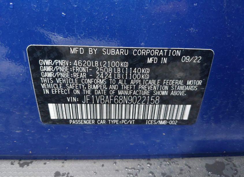 Photo 9 of 2022 Subaru Wrx PREMIUM (VIN JF1VBAF68N9022158)