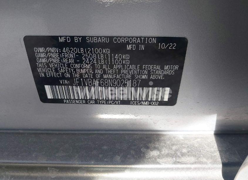 Photo 9 of 2022 Subaru Wrx PREMIUM (VIN JF1VBAF68N9025187)