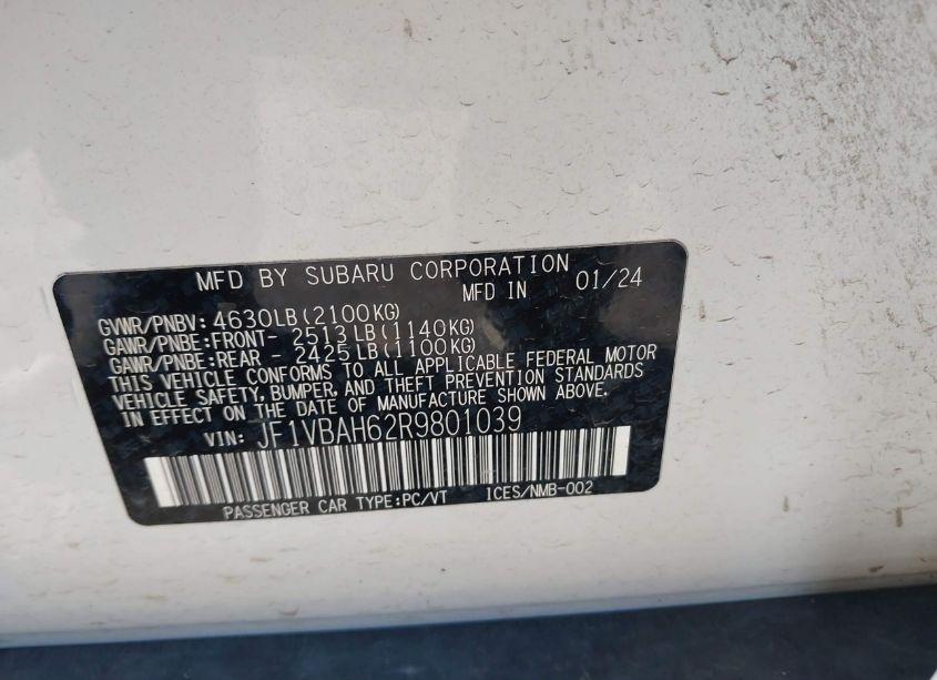 Photo 9 of 2024 Subaru Wrx PREMIUM (VIN JF1VBAH62R9801039)