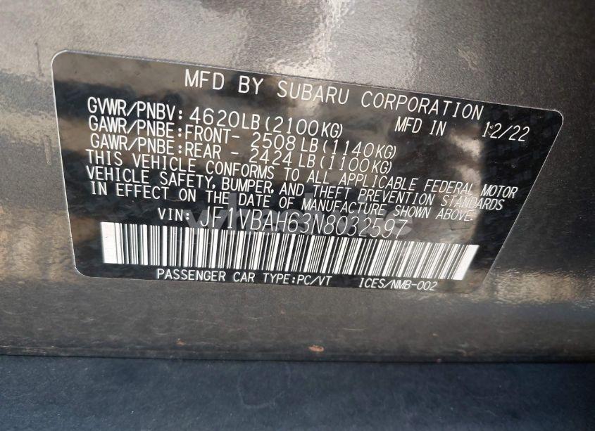 Photo 9 of 2022 Subaru Wrx PREMIUM (VIN JF1VBAH63N8032597)