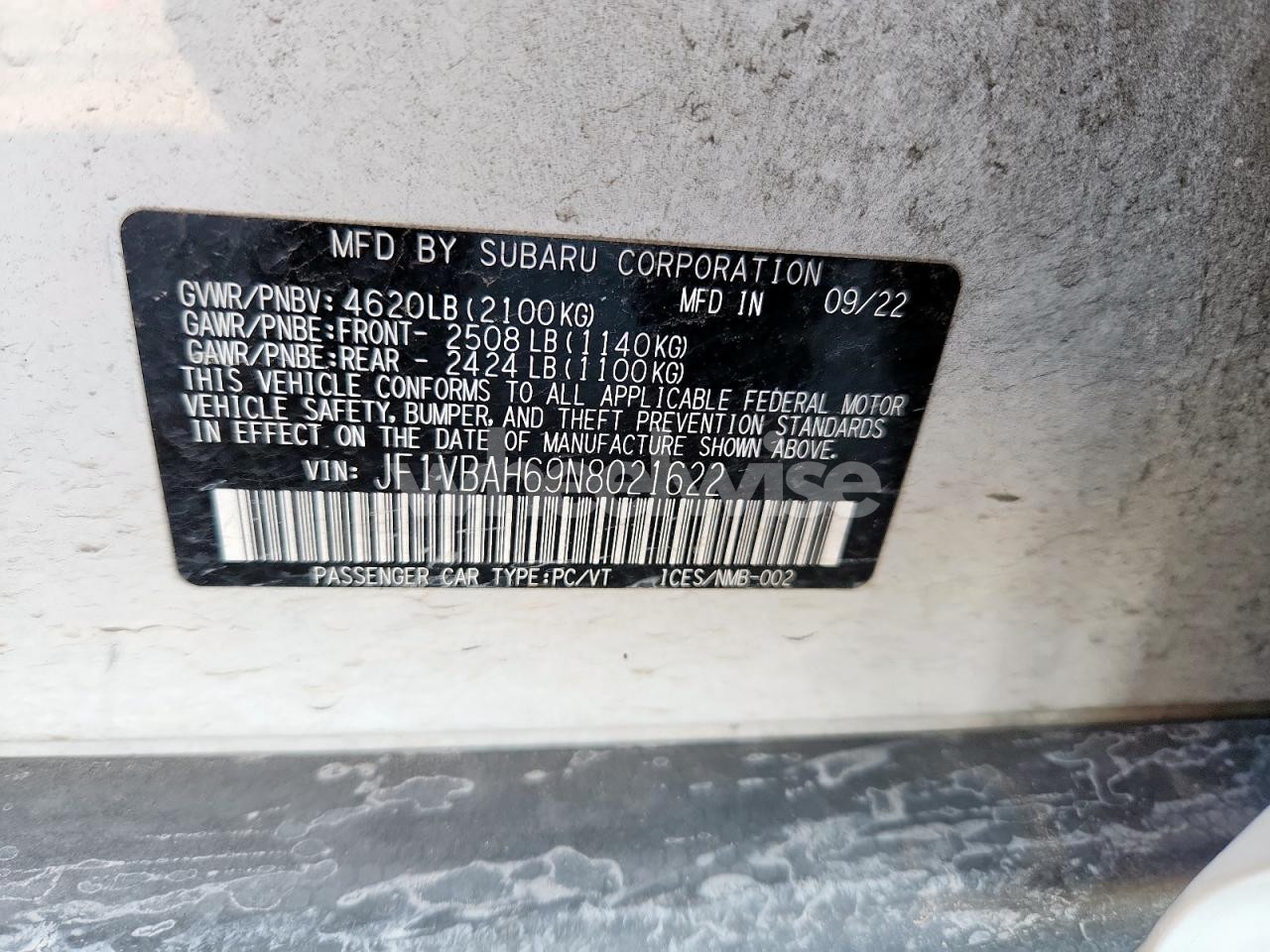 Photo 12 of 2022 SUBARU WRX PREMIUM (VIN JF1VBAH69N8021622)