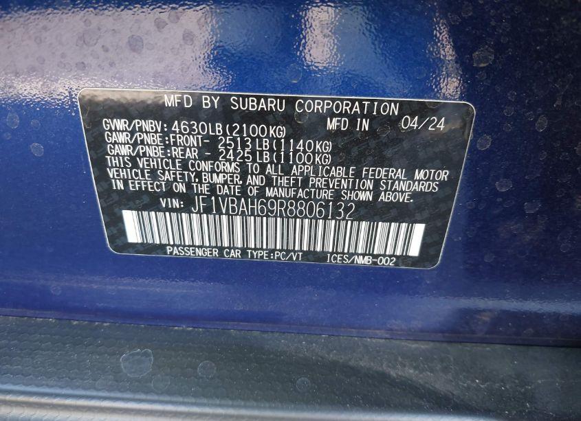 Photo 9 of 2024 Subaru Wrx PREMIUM (VIN JF1VBAH69R8806132)